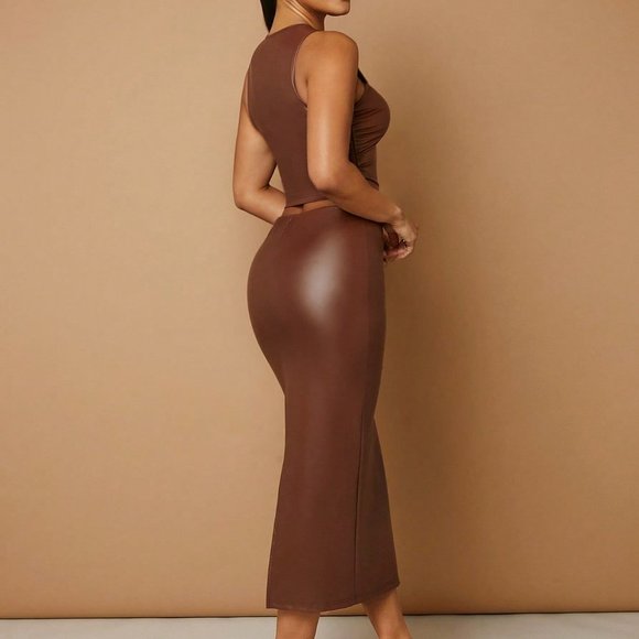 Brown Casual Womens Solid PU Leather Tank Top & Pencil Skirt - Picture 2 of 6